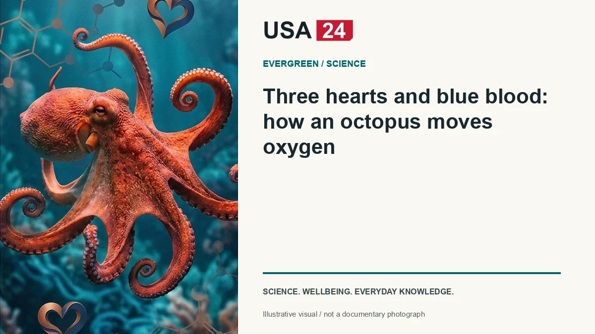 Three hearts and blue blood: how an octopus moves oxygen — conceptual editorial illustration
