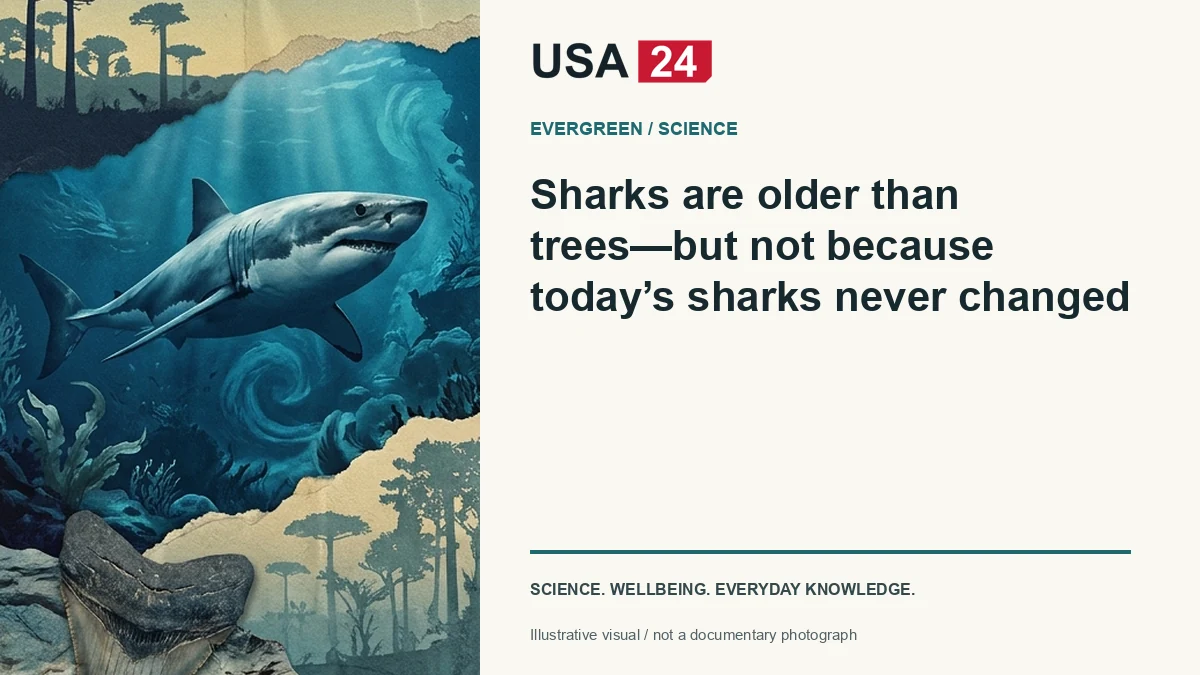 Sharks are older than trees—but not because today’s sharks never changed — conceptual editorial illustration