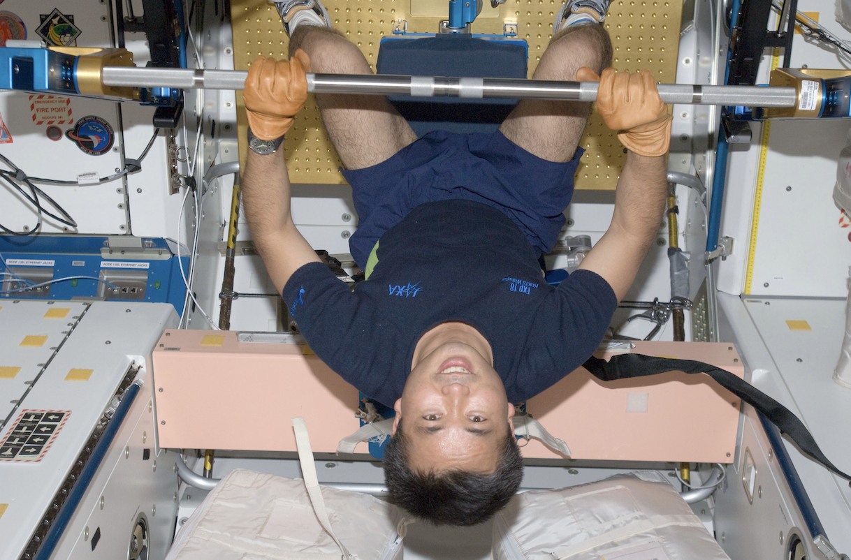 Koichi Wakata exercises using the advanced Resistive Exercise Device in the Unity node of the International Space Station.