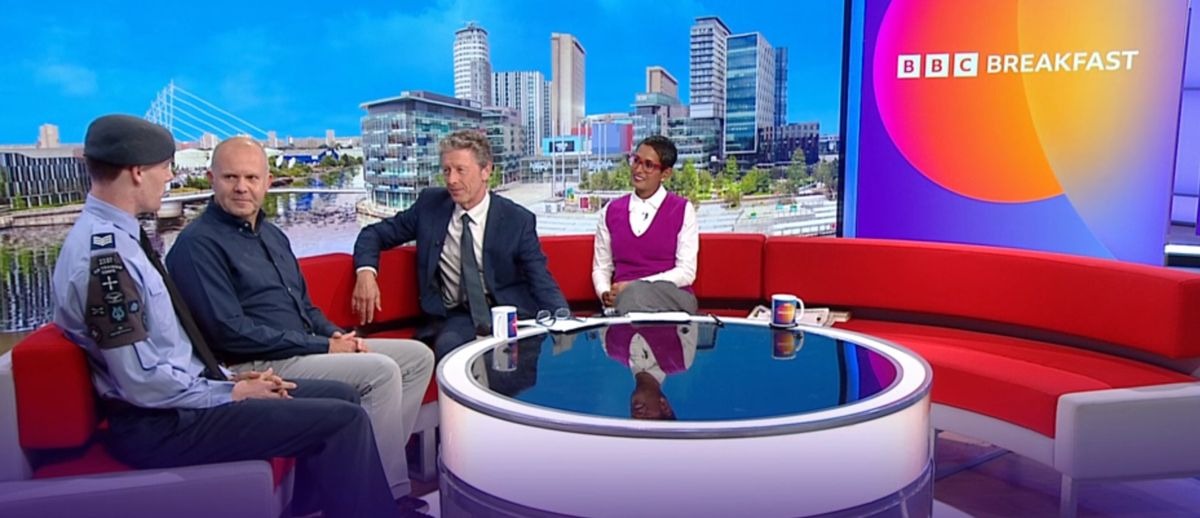 The BBC Breakfast studio discussion with Sam and Nigel Owen; October 8 broadcast still.