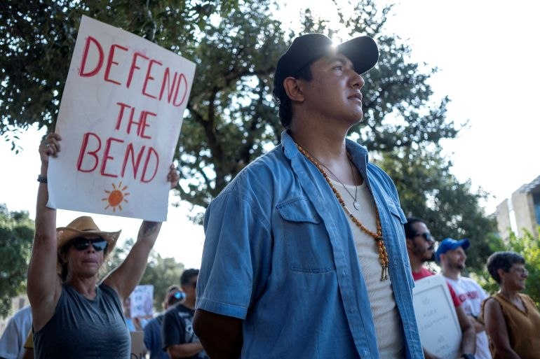 Joey Montoya at a Big Bend border-wall protest in San Antonio, August 28, 2026.