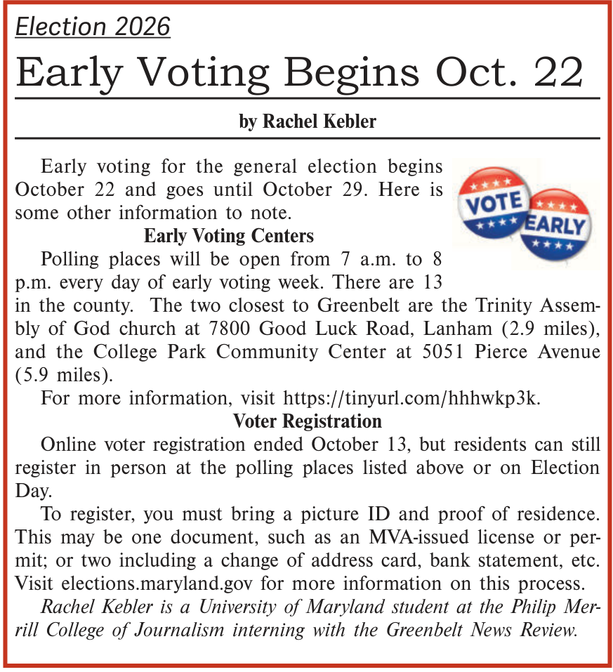 The early-voting guide in the October 22, 2026 Greenbelt News Review, page 9. Newspaper excerpt, not a photograph of voting underway.