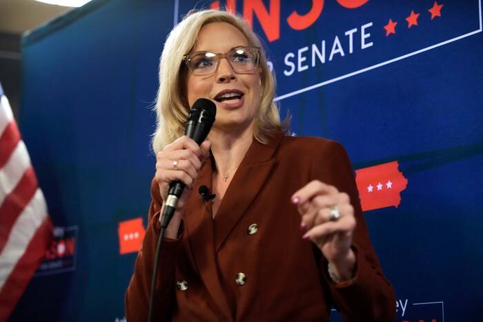 Ashley Hinson speaks to supporters in Ankeny, Iowa, October 15, 2026. File photograph published with the source report.