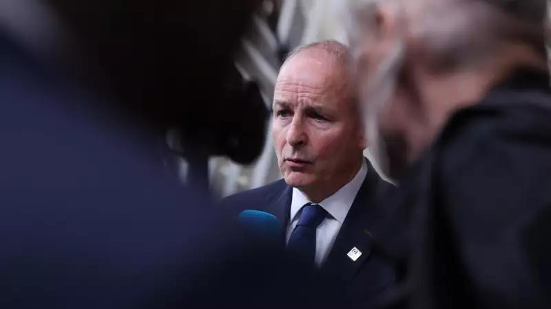 Micheál Martin speaks to the media at the European Council in Brussels, October 16, 2026. File photograph accompanying the source report.
