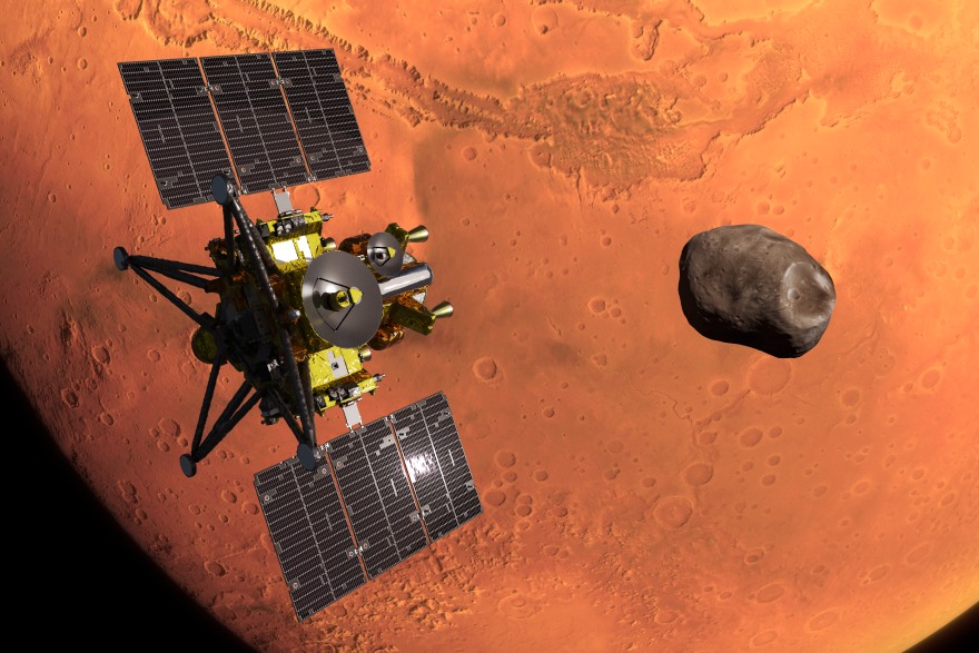 Artist’s impression of the MMX spacecraft with Mars and Phobos. The mission has launched; it has not yet reached the Martian moons.