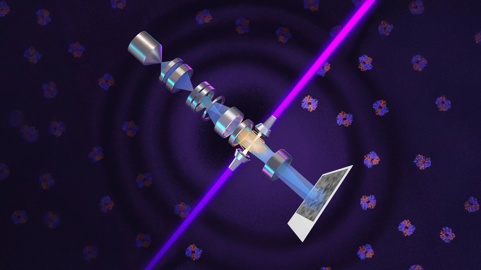 Illustration of a laser phase plate interacting with an electron beam. Purple indicates the laser and blue the electron beam; this is an explanatory illustration, not a photograph inside a patient.